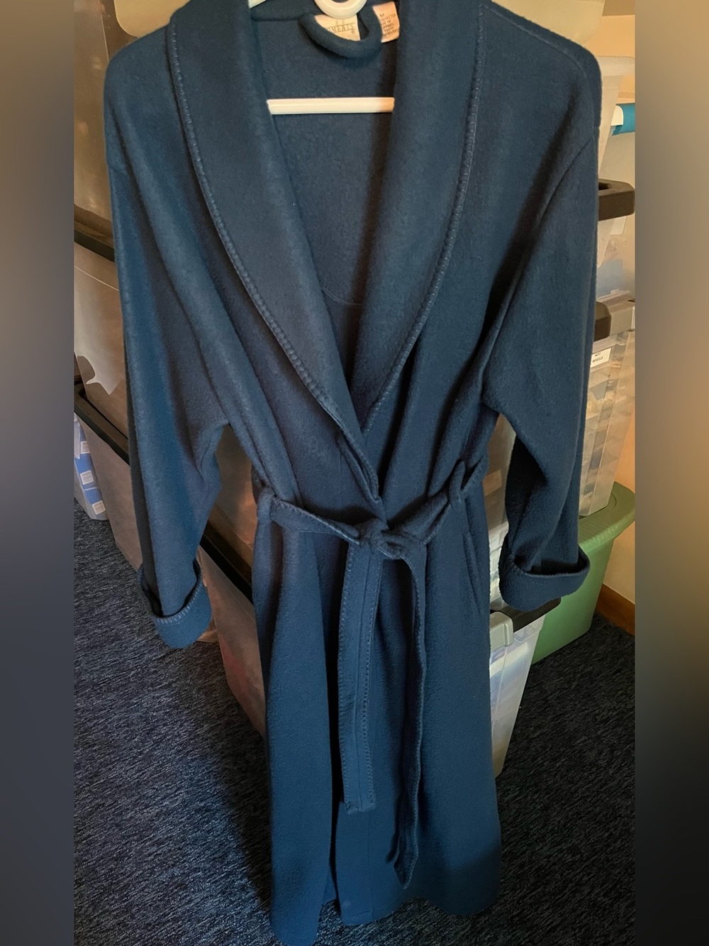 Women’s Navy Fleece Shawl-Collar Robe with Belt